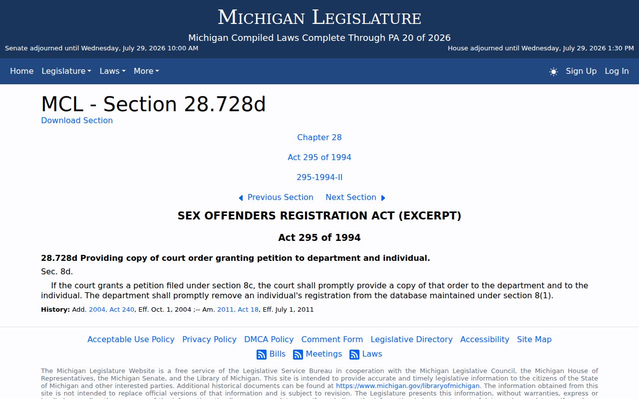 Registration duration law for Kent County sex offender tiers