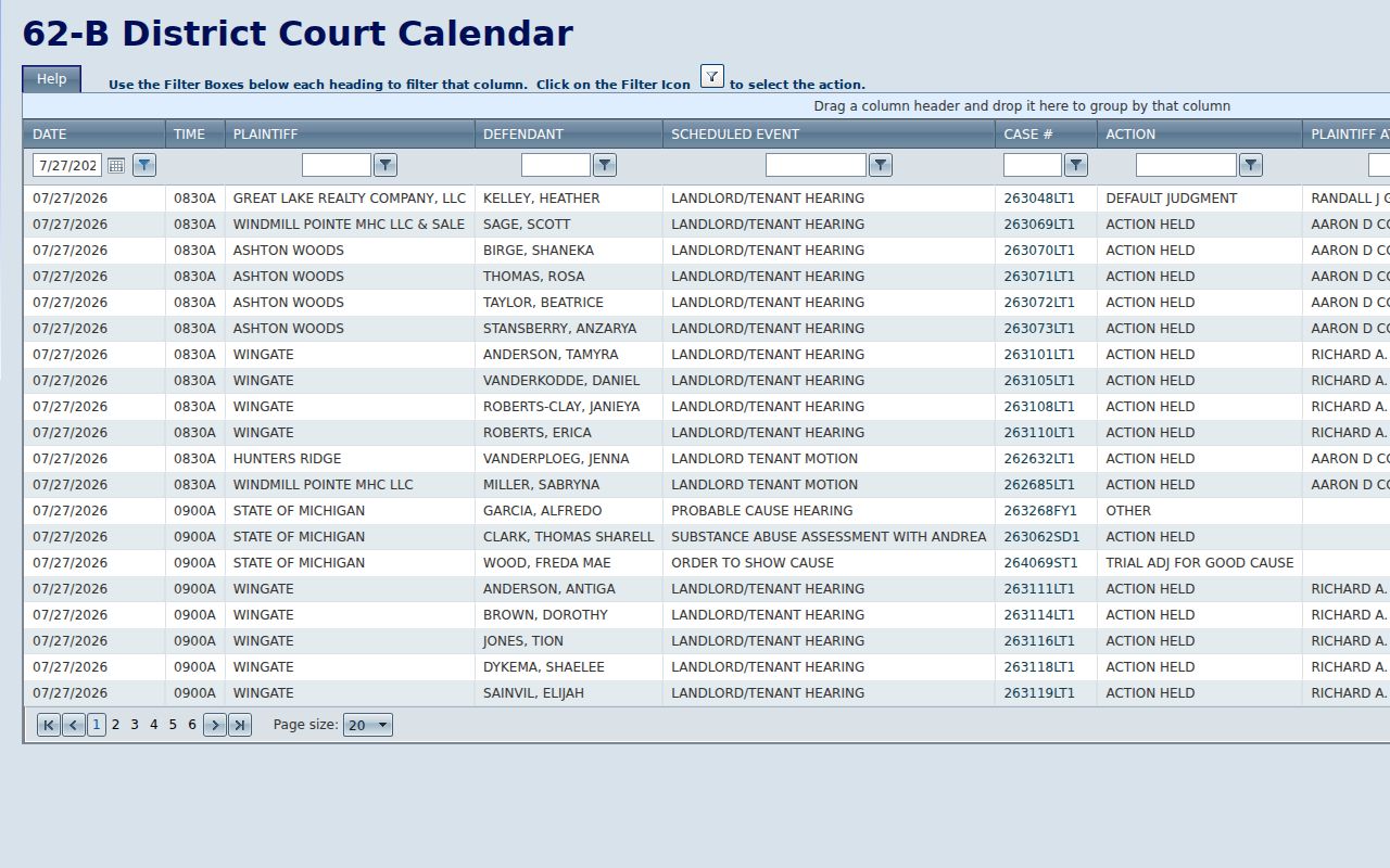 Kentwood criminal records in the 62-B District Court public calendar